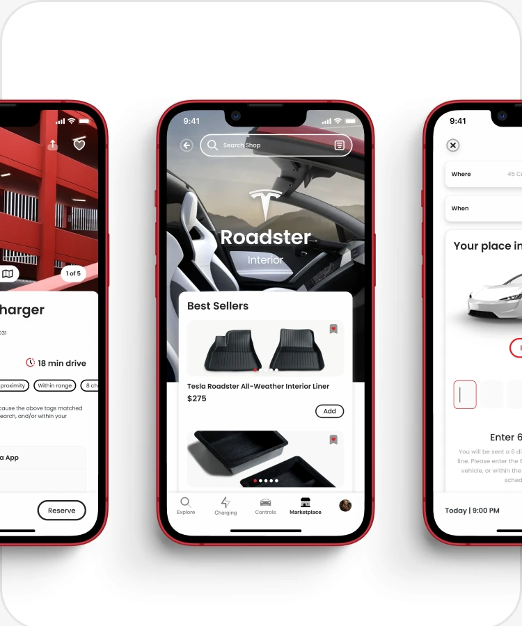 Three Tesla app screens: a Supercharger, the Roadster shop and a place in line