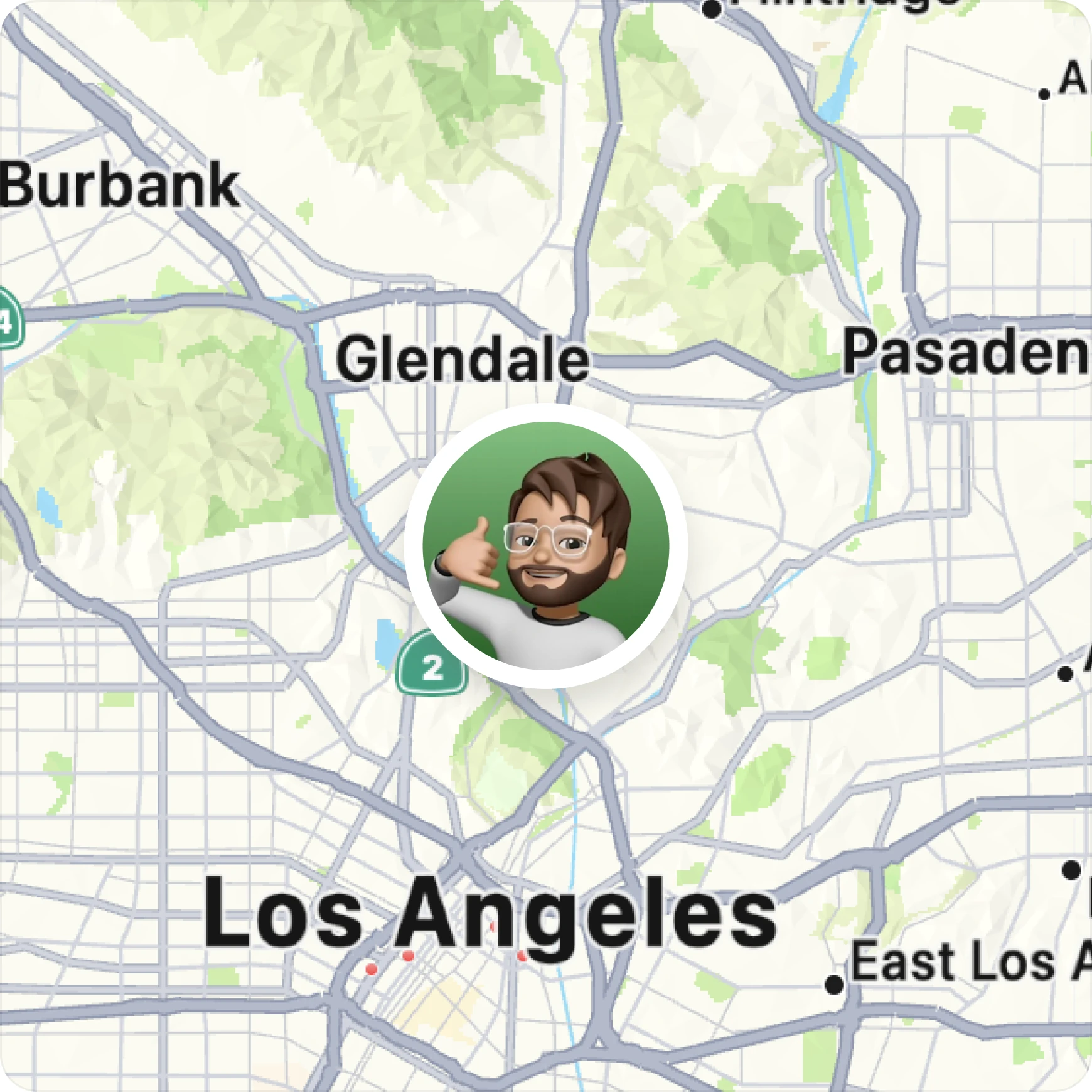 A map of Los Angeles, with Eric's avatar pinned near Glendale
