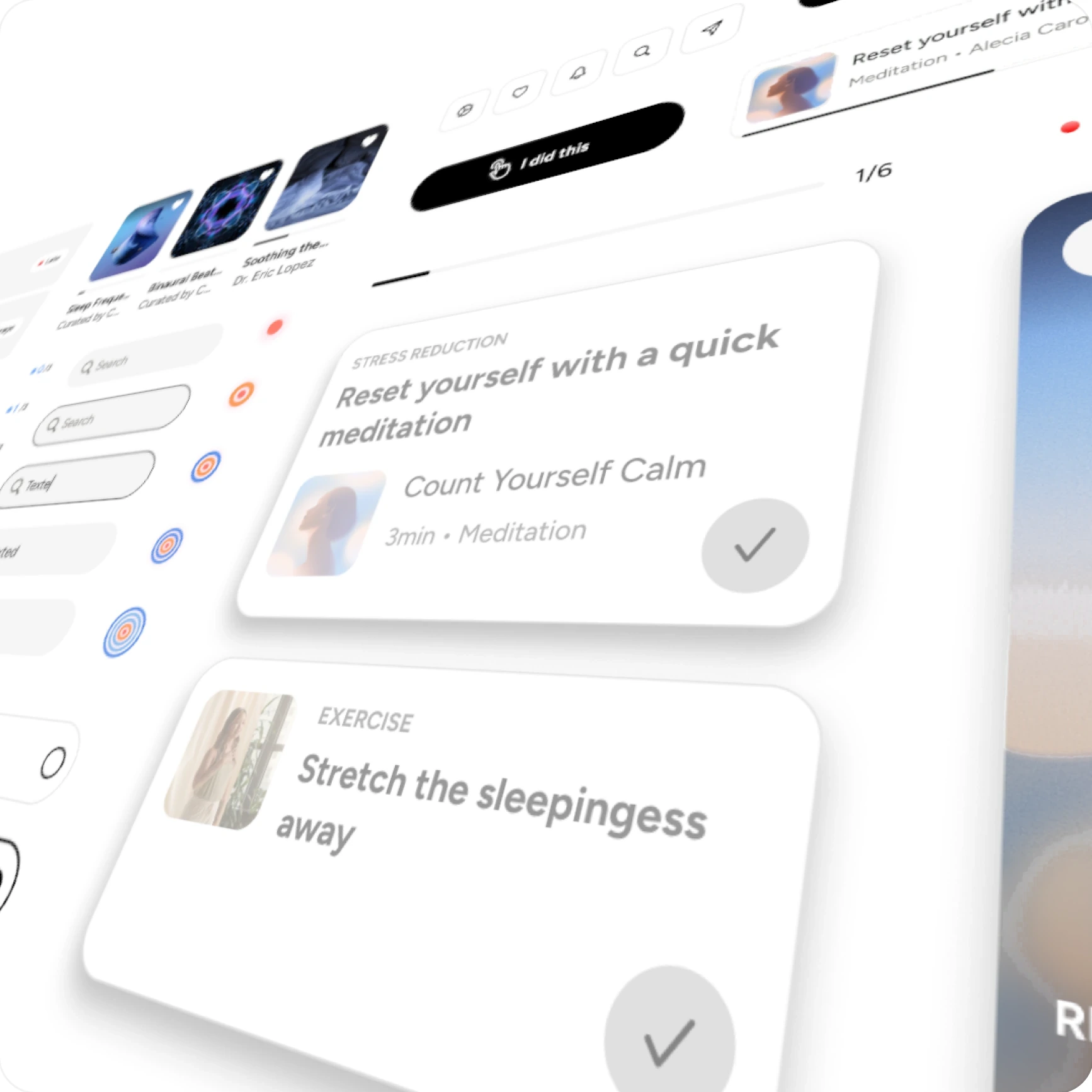 Calm Sleep cards and session rows, tilted in perspective