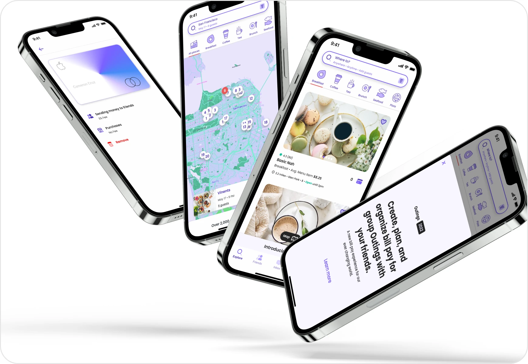 Outings on four phones: a map of San Francisco, places to go and a group plan