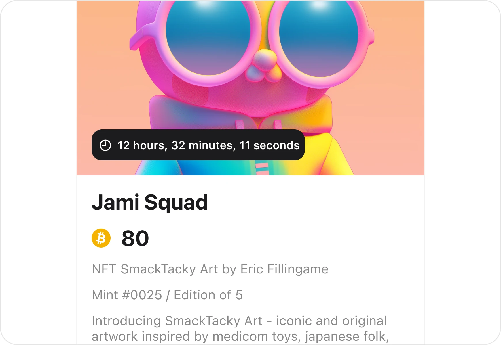 An NFT drop on a phone: a colourful character, its countdown and price