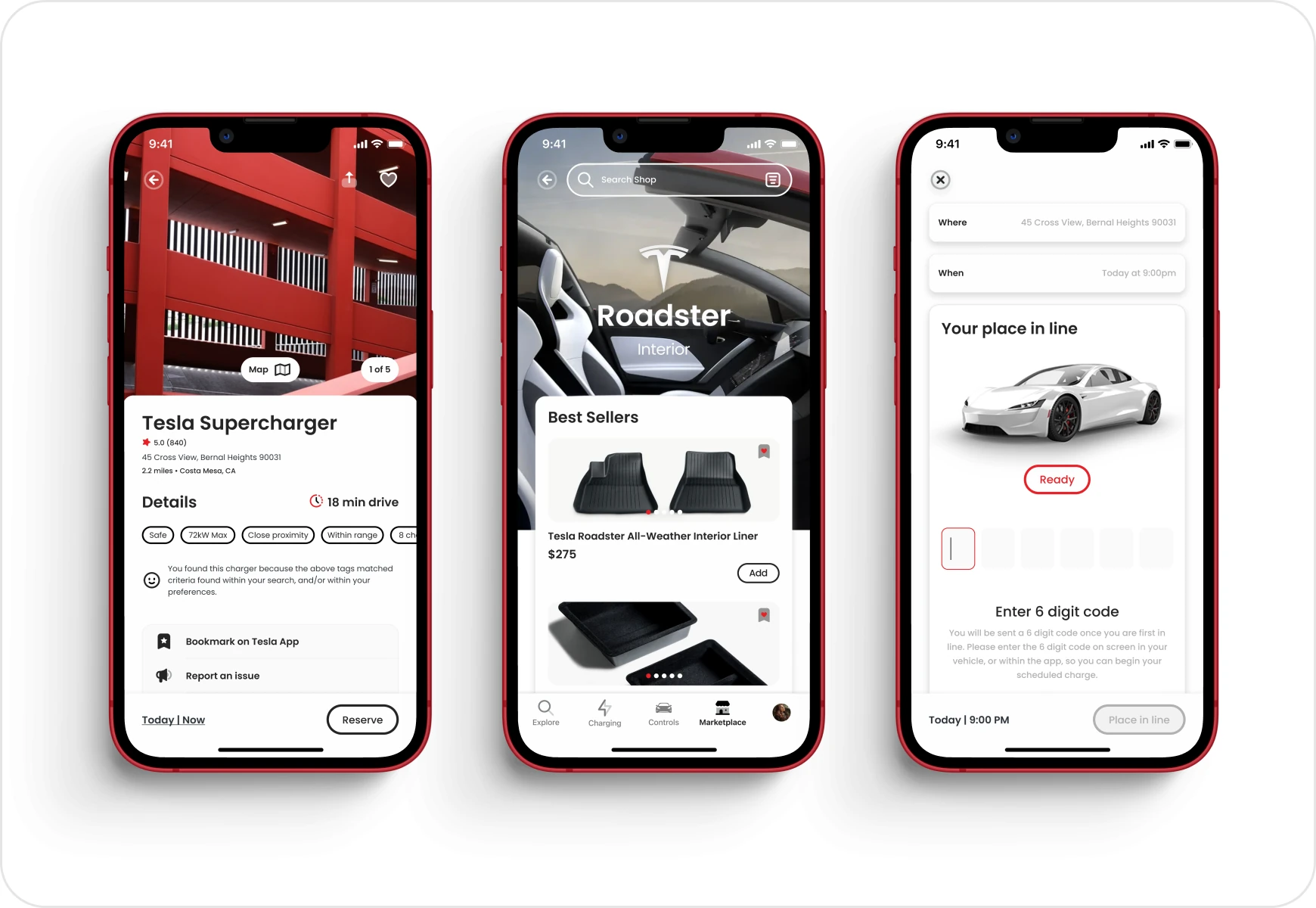 Three Tesla app screens: a Supercharger, the Roadster shop and a place in line