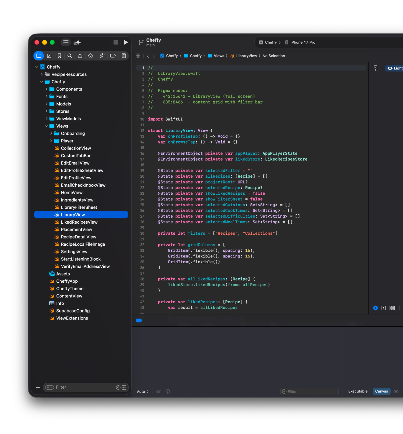 Claude Code / Cursor session — translating design intent into working SwiftUI